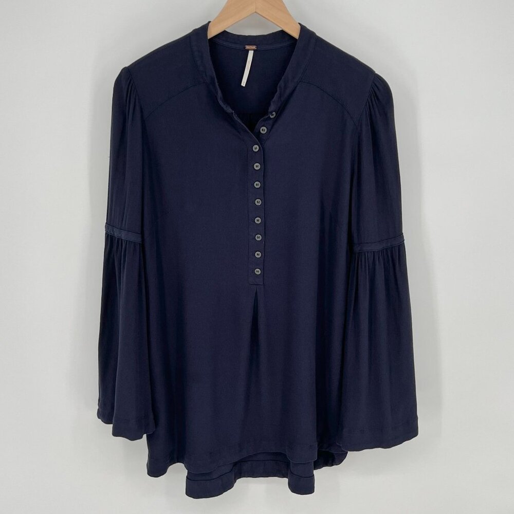 Free People Women Bell Sleeve Draped Blouse Top Size M Navy Blue Boho Hippie